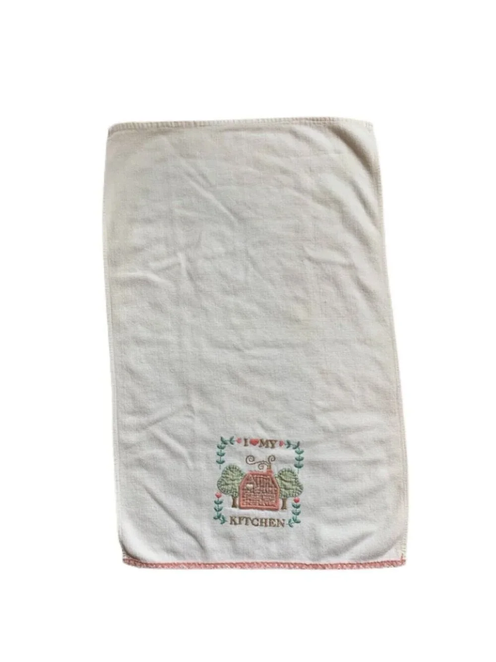 I Love My Kitchen Embroidered Cotton Hand Towels Set Of 2 White with Pink Trim